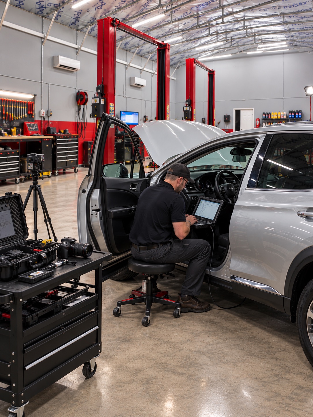 Independent vehicle expert using diagnostic equipment during an inspection