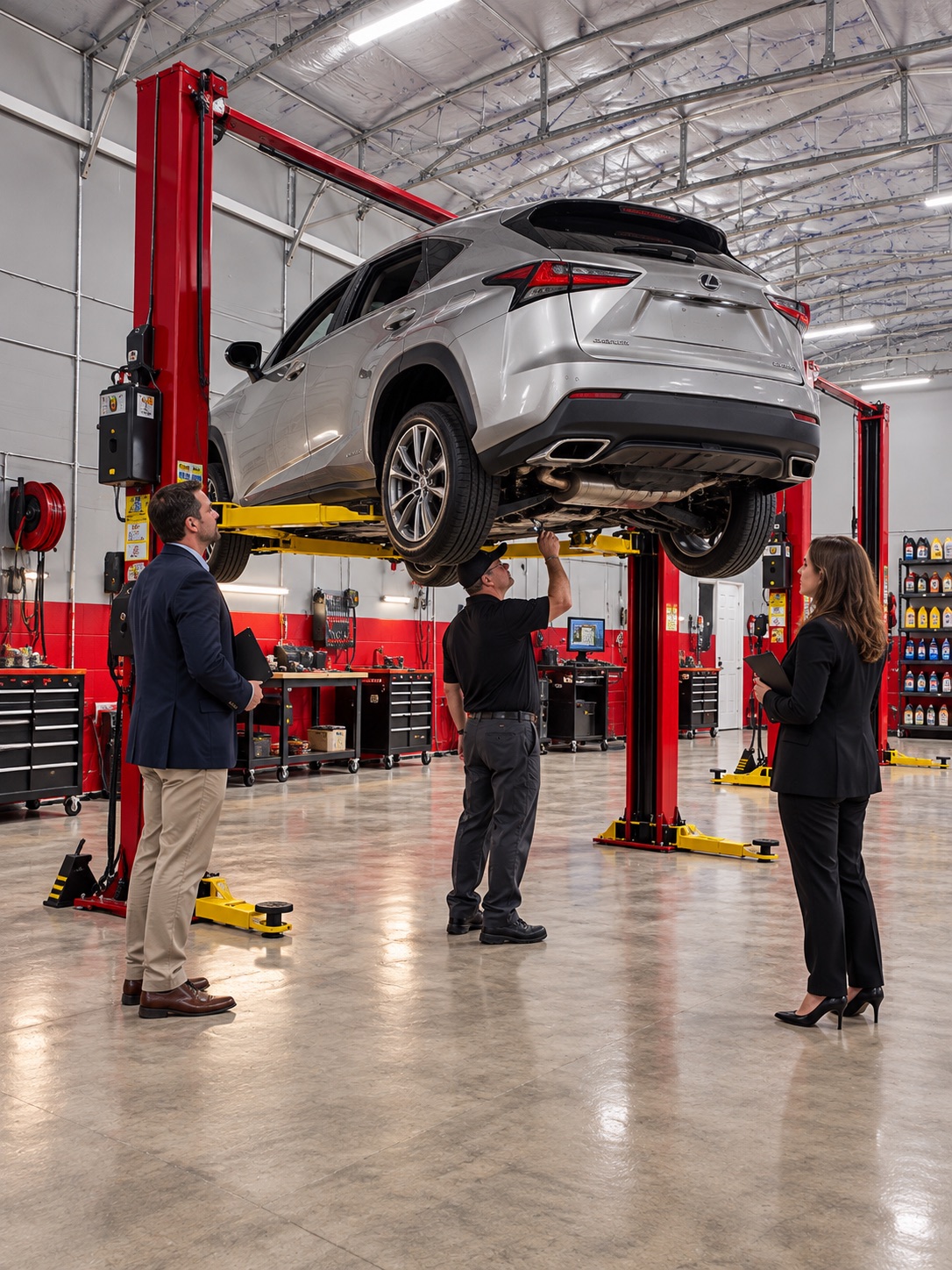 Vehicle raised on a lift for an undercarriage inspection