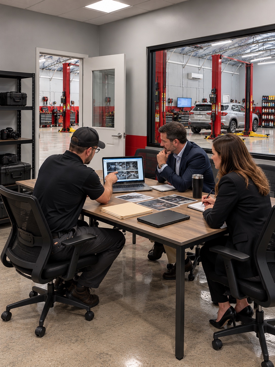 Attorneys, adjusters, and experts reviewing inspection findings in a work area